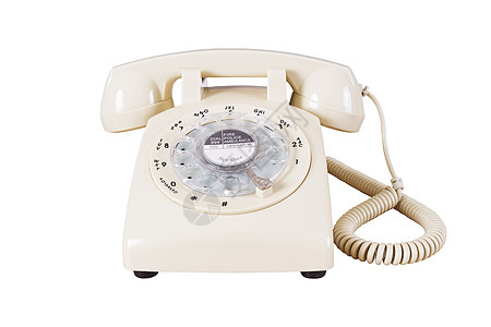 白色背景的 Retro 旋转式老旧电话绳索听筒办公室拨号服务电缆数字说话技术电讯图片
