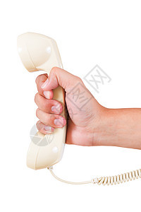 Retro 旋转式老旧电话和白底手技术拨号听筒电讯塑料古董铃声讲话数字绳索图片