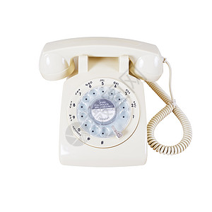 白色背景的 Retro 旋转式老旧电话拨号说话绳索器具服务塑料古董数字办公室戒指图片