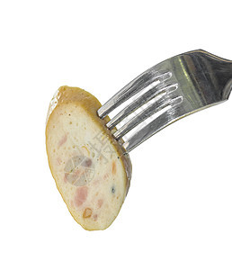 白纸上孤立的叉子上的香肠美味酸菜热狗饮料烹饪午餐早餐主菜工作室烧烤图片