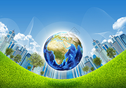 地球 绿草和摩天大楼草地建筑玻璃城市爬坡办公室小丘场地场景太阳图片