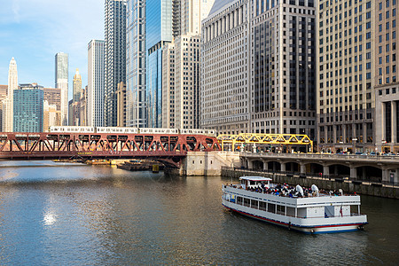芝加哥市中心与里河城市街道景观日落反射市中心旅游天空城市生活办公室图片
