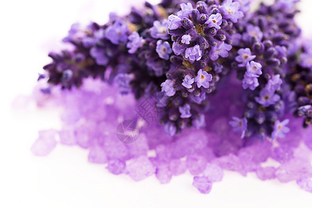 淡紫花和浴盐     美容治疗宏观温泉花束药品植物白色紫色薰衣草身体草本图片