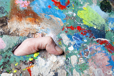 彩色调色盘和油漆刷刷子创造力画笔爱好画家拇指帆布展览工艺绘画图片