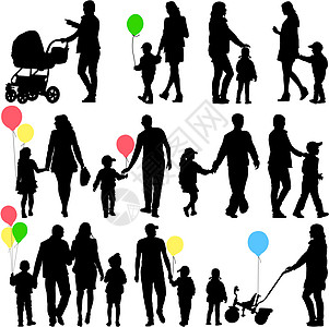 双亲和孩子在白色背面的黑色影集家庭艺术女性行动气球婴儿购物工人数字孩子们图片