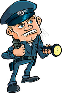 带手电筒的卡通警卫警卫警卫警察白色徽章男人安全蓝色卡通片警官交通图片