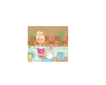 洗碗的家主妇窗户幸福家务肥皂家政女士洗涤剂窗帘气泡家庭图片