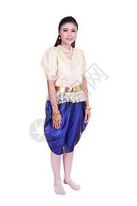 妇女穿着典型的泰式礼服 孤立在白色背景上青色舞蹈家身份舞蹈历史蓝色裙子热带女士艺术家图片