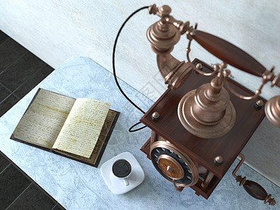 旧墙上具有书籍和咖啡杯概念背景的古老电话图片