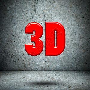混凝土墙上的3D标志电影插图立体镜技术视频红色立体声电视概念浮雕图片