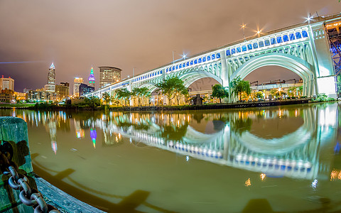 克利夫兰市中心 在阴云的一天反射蓝色场景天际河岸景观公园日落目的地城市生活图片