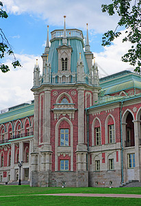 莫斯科沙里西诺皇宫大厦塔台石方旅行庄园博物馆窗户财产石头国王城堡艺术图片