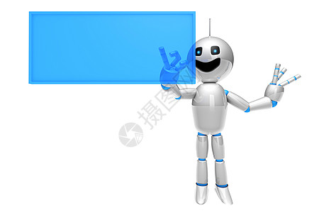使用虚拟触摸屏的卡通机器人电脑互联网白色科幻微笑药片电子人手势监视器软垫图片