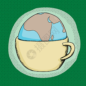 世界杯插图手绘绿色成语地球行星杯子空白卡通片饮料背景图片