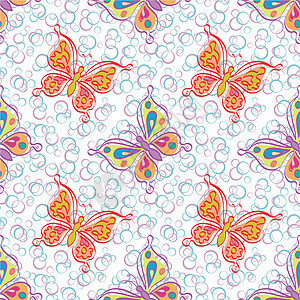 无缝模式 轮廓色彩多彩的蝴蝶昆虫装饰品环境动物蓝色绘画纺织品橙子织物气泡图片
