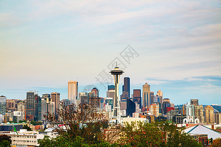 西雅图市下城 从凯里公园看到的沿岸市中心地标旅行建筑物旅游大都会建筑学天际城市图片
