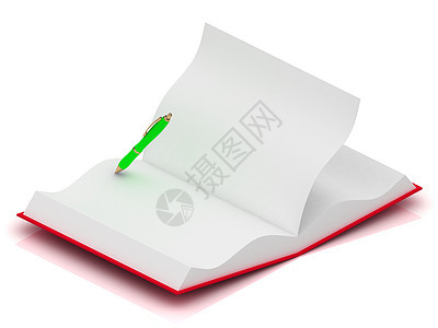 用绿色笔用红色封面打开笔记纸图片