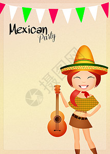 墨西哥政党派对戏服插图女孩帽子明信片嘉年华乐队卡通片微笑图片