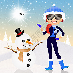 女孩在雪中滑雪卡通片手套微笑插图雪人滑雪者女士滑雪板围巾图片