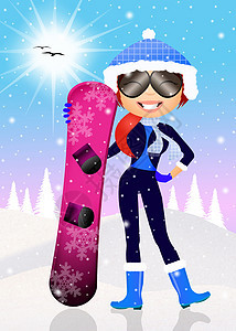 雪板机手套白色围巾滑雪女士运动微笑滑雪者卡通片滑雪板图片