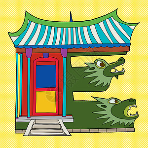 中华寺E建筑涂鸦化身寺庙插图黄色剪贴电子入口卡通片背景图片