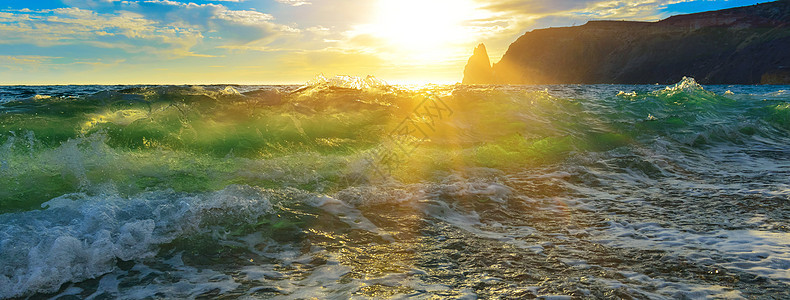 海波海浪海滩日落支撑全景海岸背景图片