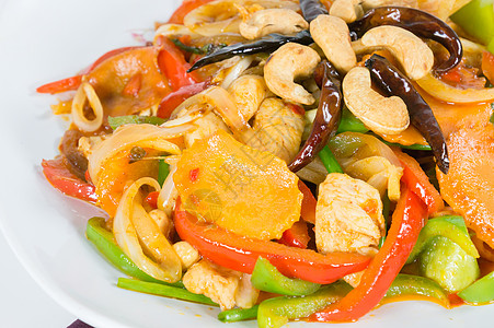 配鸡和糖粉的腰果坚果牡蛎美食健康白色洋葱萝卜午餐油炸辣椒营养图片