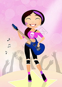 摇滚女孩音乐裙子衬衫吉他乐趣场景岩石吉他手星星流行音乐背景图片