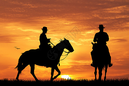 牛仔骑马旅行哺乳动物天空插图骑士乡村动物国家土地太阳图片