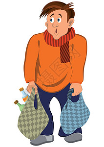 穿橙色毛衣和带包袋围巾的卡通男子图片