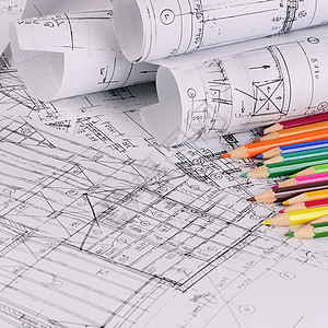 带彩色铅笔的房屋项目彩虹技术文档建筑学地面建筑师工作工程打印带子图片