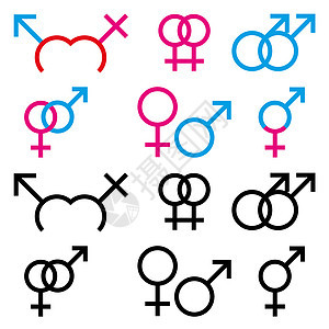 以彩色和黑色a表示男女性别符号的图示婚姻已婚夫妻蓝色异性恋男性男人婚礼女士联盟图片