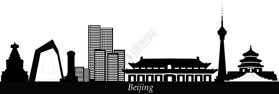 黑白城市beajing 天线酒店天际商业摩天大楼绘画办公室插图场景黑色城市背景
