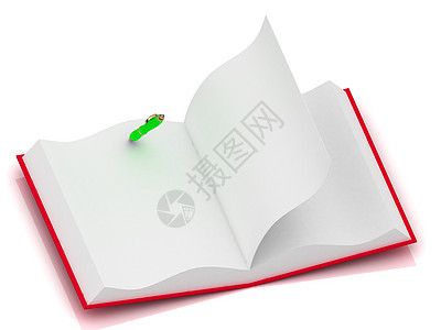 用一只绿色笔用红色封面打开笔记纸图片