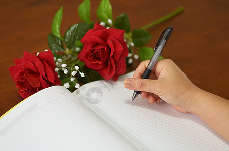手握笔笔笔 用玫瑰写在笔记本上圆珠笔水平写作人手女性空白日记商业记事本桌子图片