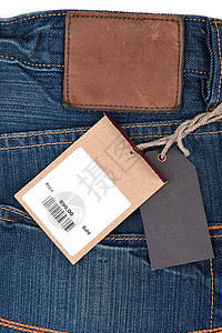 带有牛仔牛仔裤条码的价格标签销售纺织品购物材料蓝色织物服装衣服商业白色图片