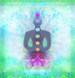 瑜伽莲的姿势 有彩色查克拉点的帕德马萨纳活力男人精神光环竹子冥想身体宗教插图康复图片