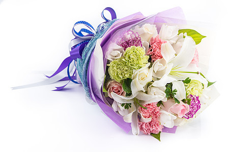白上孤立的花束水平白色紫色美丽玫瑰花瓣婚礼兰花粉色百合图片