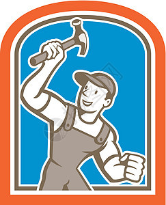 建筑工 Carpenter 持有铁锤盾牌工人男性艺术品波峰卡通片男人建造木匠插图锤子图片