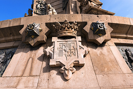 克里斯托弗哥伦布纪念碑巴塞罗那金属纪念碑天空探险家蓝色雕像先锋冒号航海正方形背景图片
