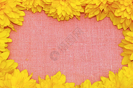 粗糙背景下黄色花朵裸露的边框边界空白粗布乡村金子纺织品花瓣大丽花框架雏菊图片