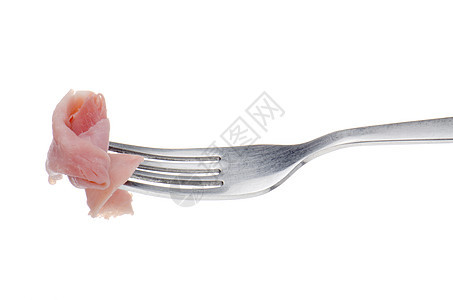 火腿的切片在叉子上被割断白色熏制粉色小吃饮食生物倾斜猪肉图片