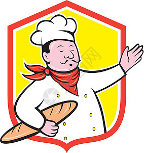 烹饪厨师控股巴格特Baguette盾盾牌卡通工人面包艺术品男人插图卡通片面包师男性海浪帽子图片