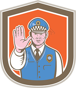 交通警察手牌停止签署盾牌卡通插图执法警官波峰卡通片男性男人艺术品图片