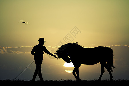 日落时马匹牧场太阳骑术阳光运动旅行骑士动物土地插图图片