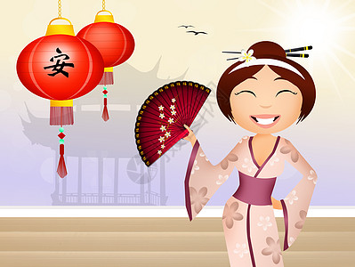 艺伎微笑寺庙卡通片钟声新年女性宝塔玩具文化灯笼图片
