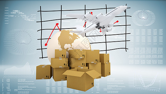 地球 纸板箱和飞机货物市场船运翅膀图表网格生长运输全球行星图片