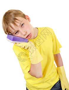 洗澡海绵小子橡皮手套整理童年男性打扫青年清洁工鬼脸工作图片