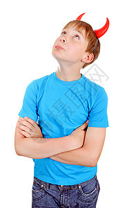 与魔鬼角之童头脑白色困境思考站立戏服小伙子孩子青少年计算图片