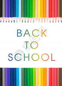 带回学校文字的彩色铅笔绿色教育艺术黄色白色木头粉色蓝色橙子团体图片